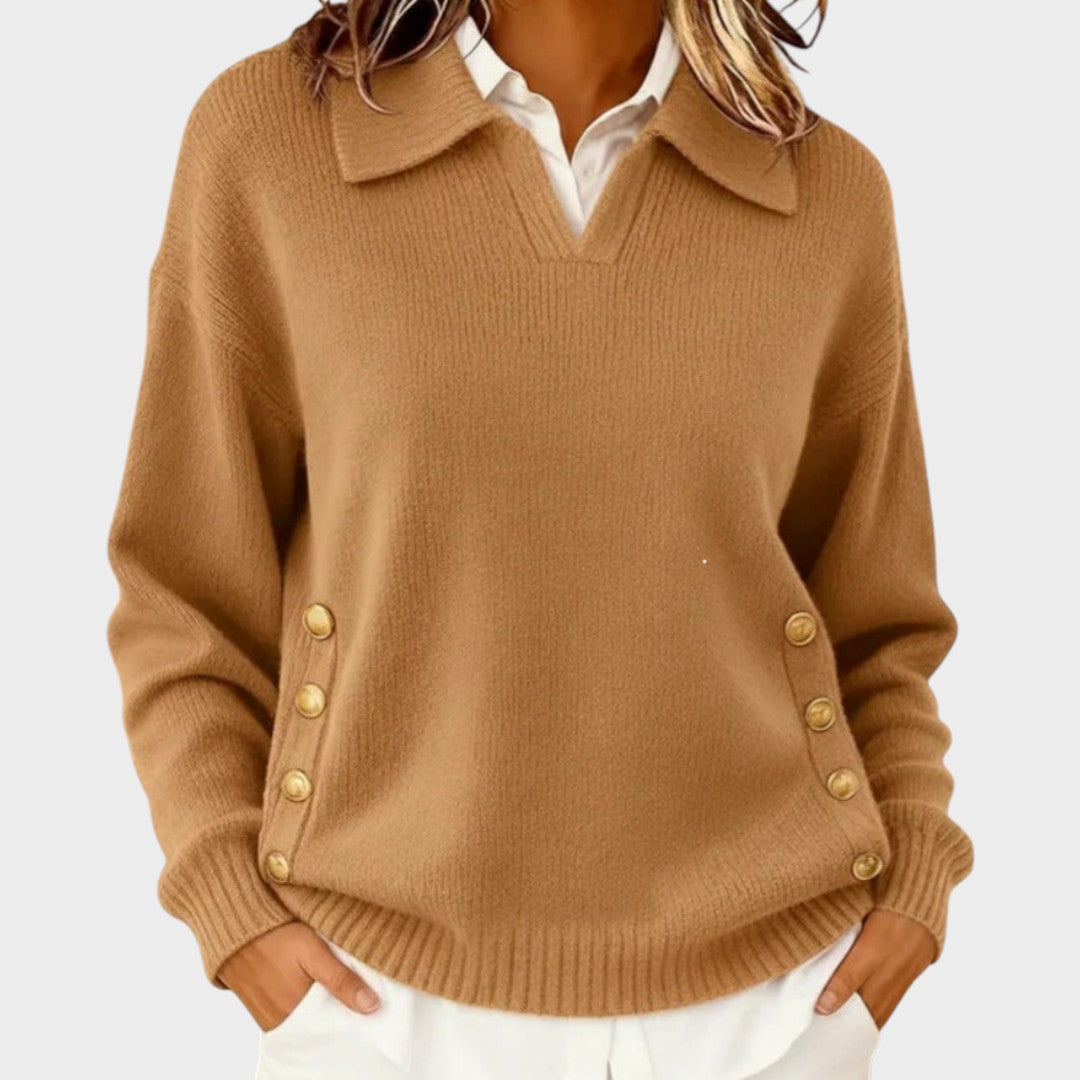 Tolvène | Pull Col Polo Femme Boutons Dorés - Brown - Image 7