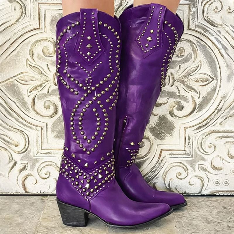 Valmara | Femme Bottes Western Cloutées Hauteur Genou - Purple - Image 1