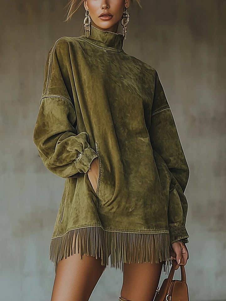 Valmyre | Femme Robe Pull Oversize Col Montant Franges - Olive Green - Image 1