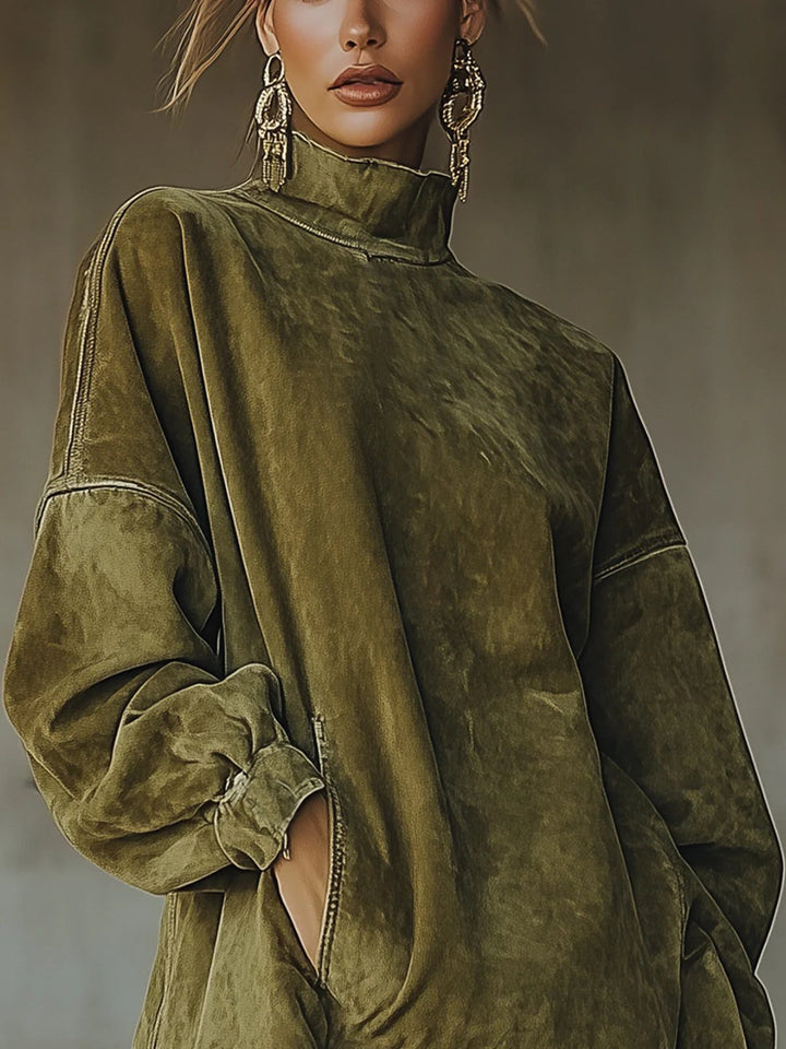 Valmyre | Femme Robe Pull Oversize Col Montant Franges - Olive Green - Image 2