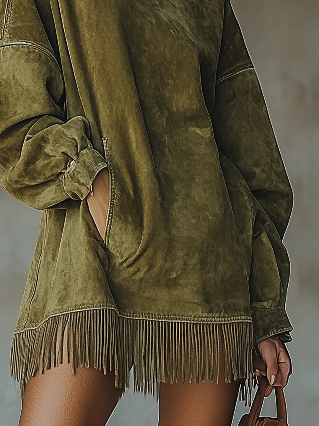 Valmyre | Femme Robe Pull Oversize Col Montant Franges - Olive Green - Image 3
