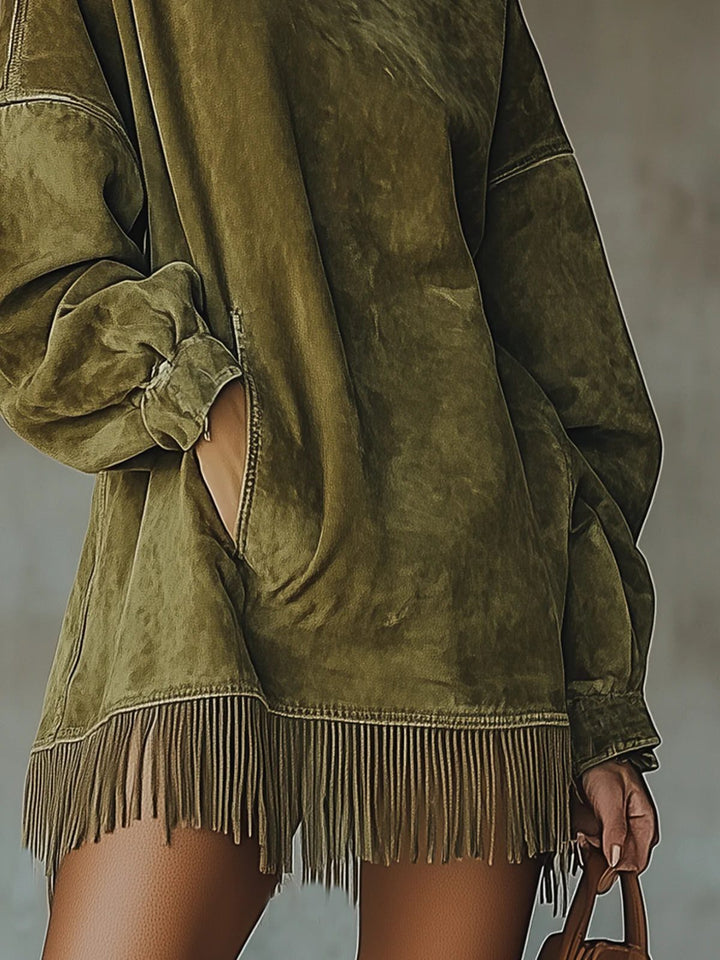 Valmyre | Femme Robe Pull Oversize Col Montant Franges - Olive Green - Image 3