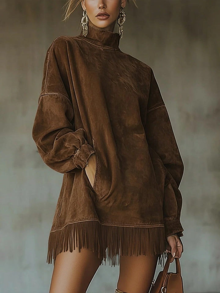 Valmyre | Femme Robe Pull Oversize Col Montant Franges - Olive Green - Image 4
