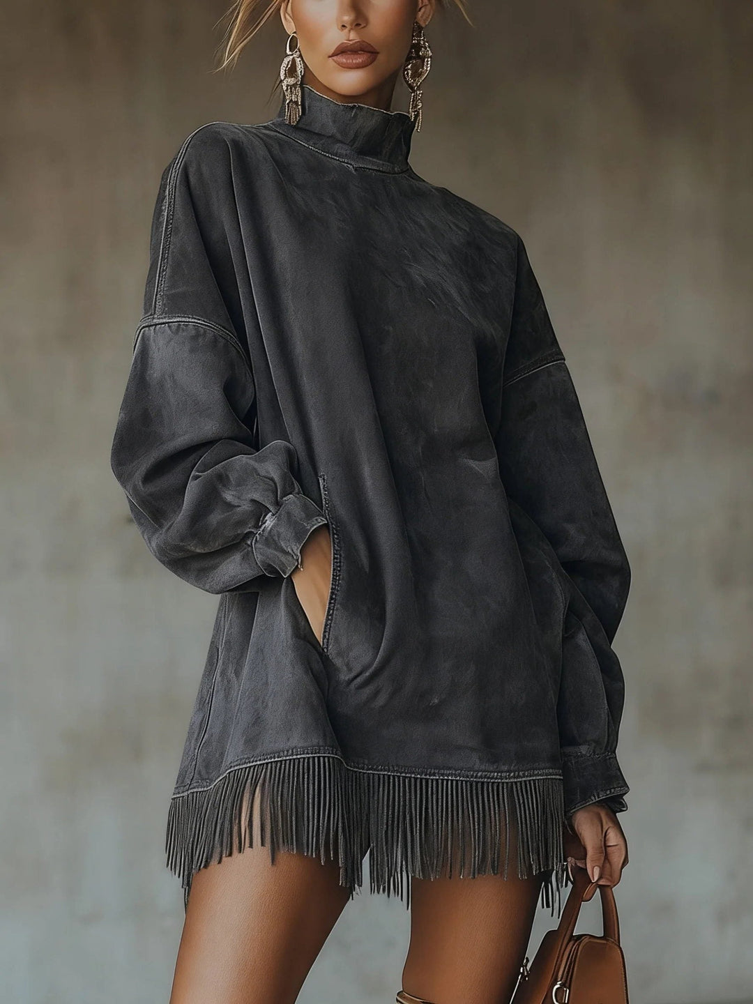 Valmyre | Femme Robe Pull Oversize Col Montant Franges - Olive Green - Image 5