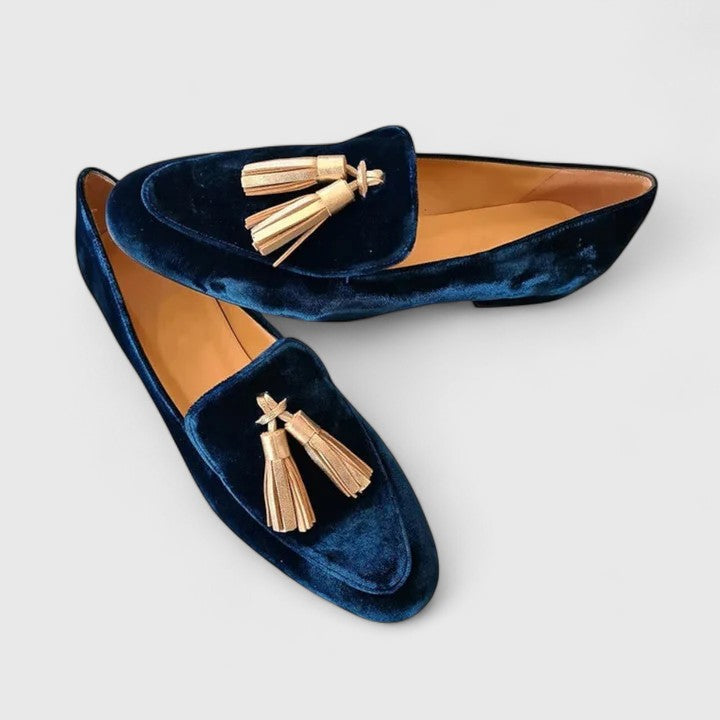 Valmyre | Mocassins Femme Velours Pompons Dorés - Navy - Image 1