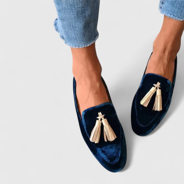 Valmyre | Mocassins Femme Velours Pompons Dorés - Navy - Image 2