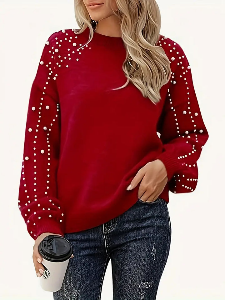 Valérine | Pull Femme Perles Manches Longues - Red - Image 1