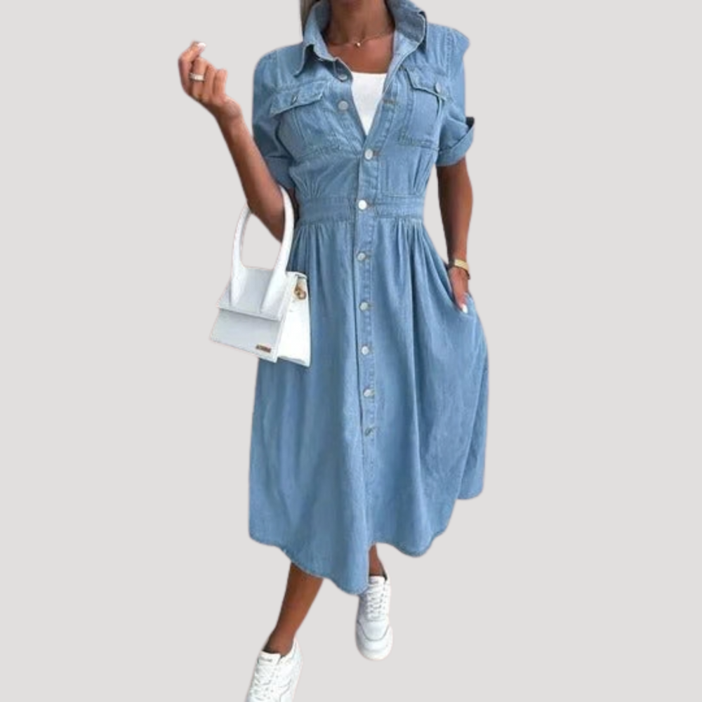 Vashti | Women's Short Sleeve Button Front Midi Dress - Light Blue - Image 2