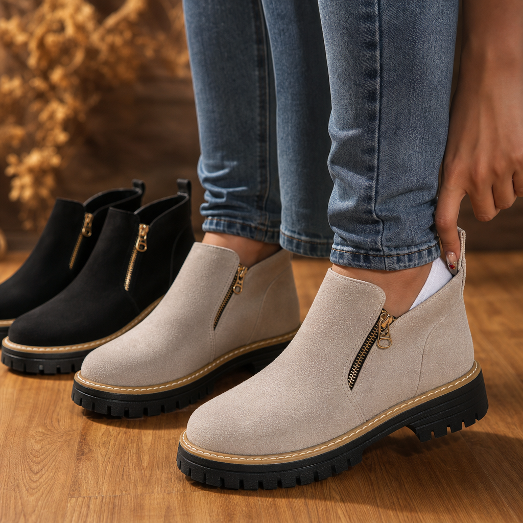 Velvane | Femme Bottines Zippées Talon Plat Semelle Crantée - Beige - Image 1