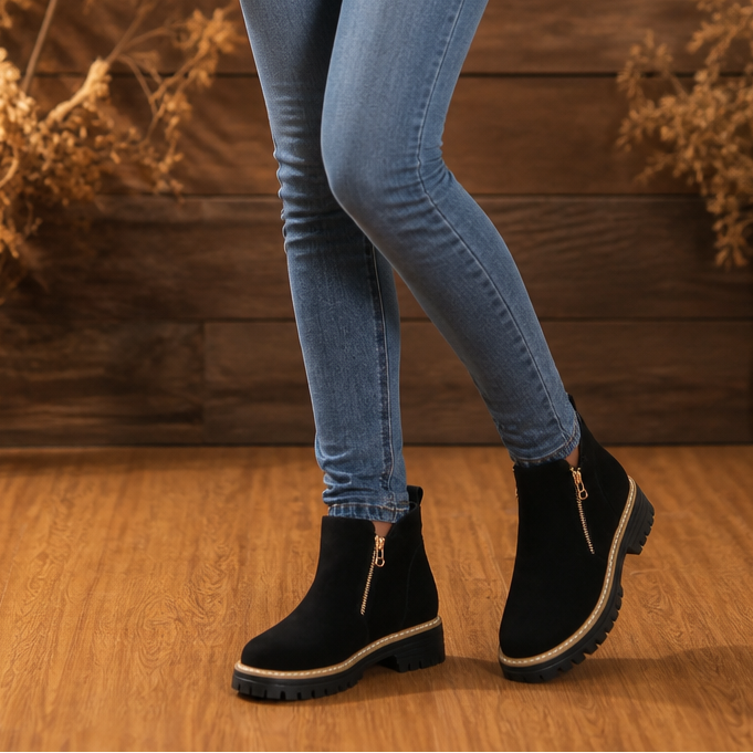 Velvane | Femme Bottines Zippées Talon Plat Semelle Crantée - Beige - Image 10
