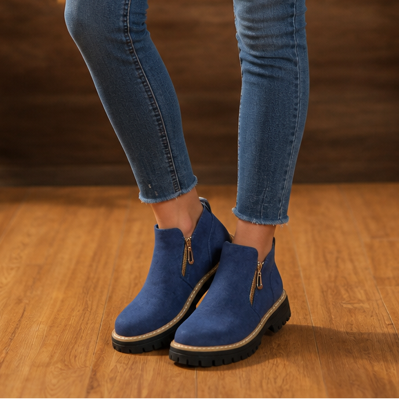 Velvane | Femme Bottines Zippées Talon Plat Semelle Crantée - Beige - Image 11