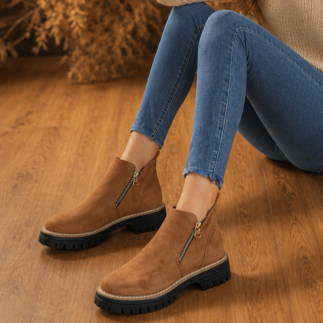 Velvane | Femme Bottines Zippées Talon Plat Semelle Crantée - Beige - Image 12