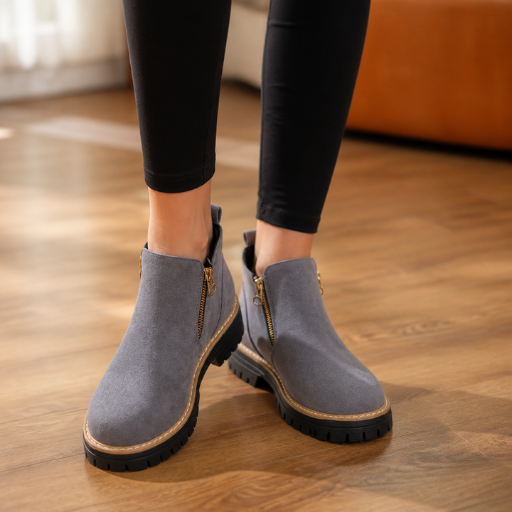 Velvane | Femme Bottines Zippées Talon Plat Semelle Crantée - Beige - Image 13