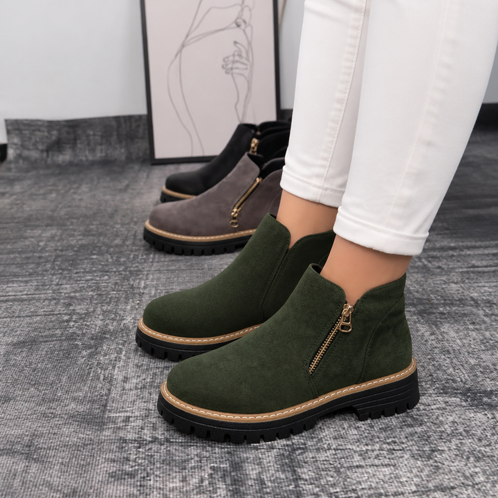 Velvane | Femme Bottines Zippées Talon Plat Semelle Crantée - Beige - Image 14