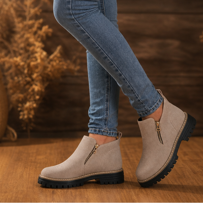 Velvane | Femme Bottines Zippées Talon Plat Semelle Crantée - Beige - Image 15