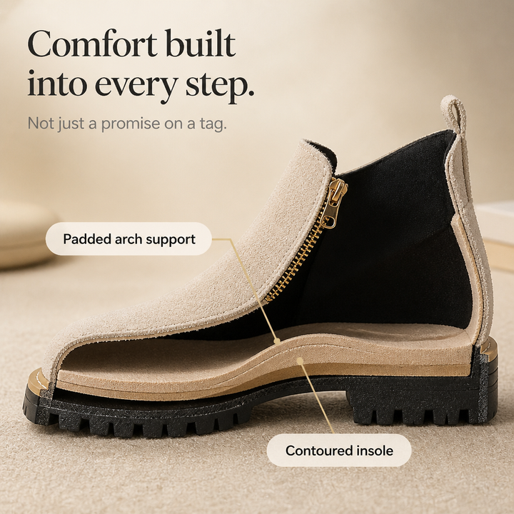 Velvane | Femme Bottines Zippées Talon Plat Semelle Crantée - Beige - Image 3