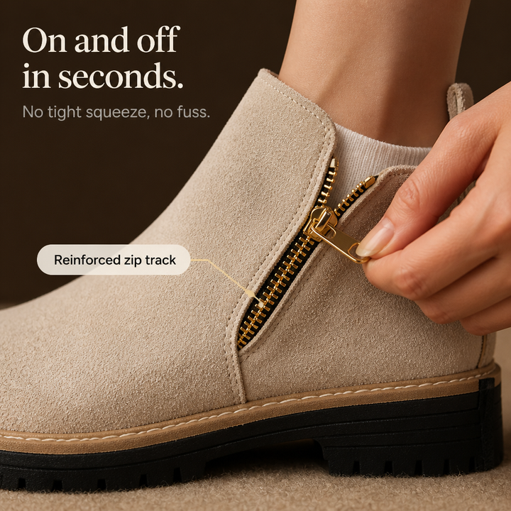 Velvane | Femme Bottines Zippées Talon Plat Semelle Crantée - Beige - Image 4