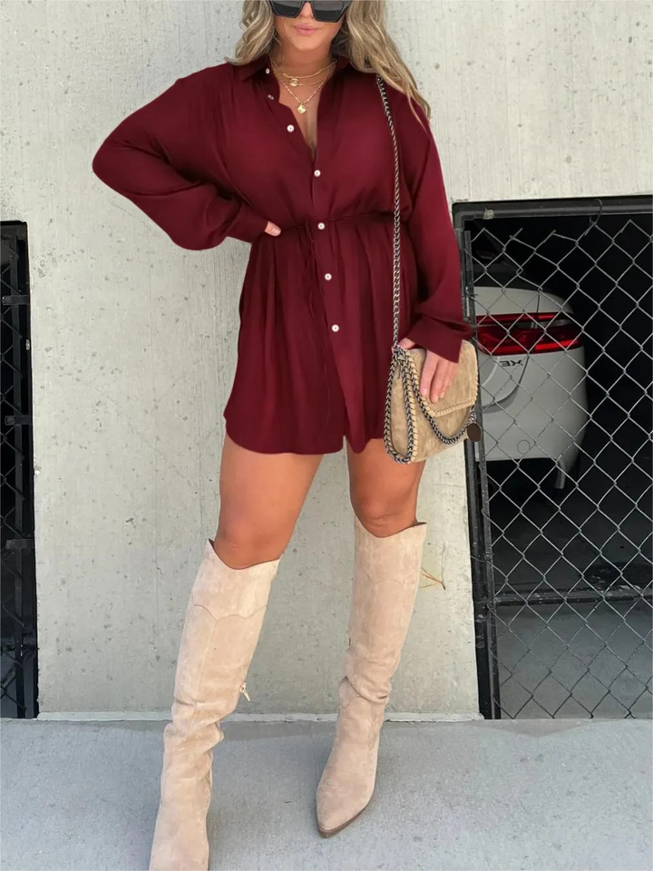 Violaine | Femme Robe Chemise Manches Longues - Burgundy - Image 1