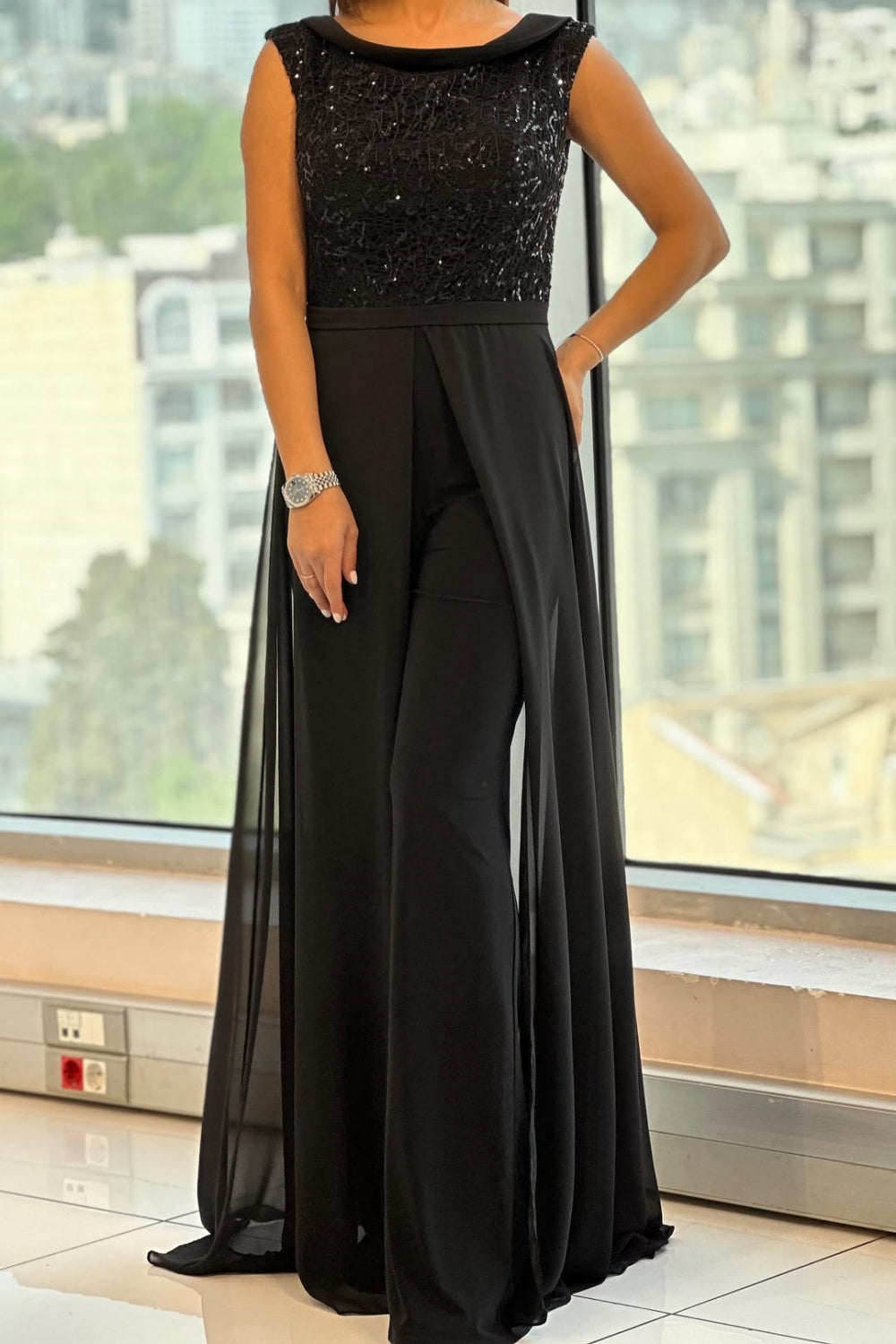 Viviana | Women's Sequin Round Neck Sleeveless Jumpsuit - Black - Image 1