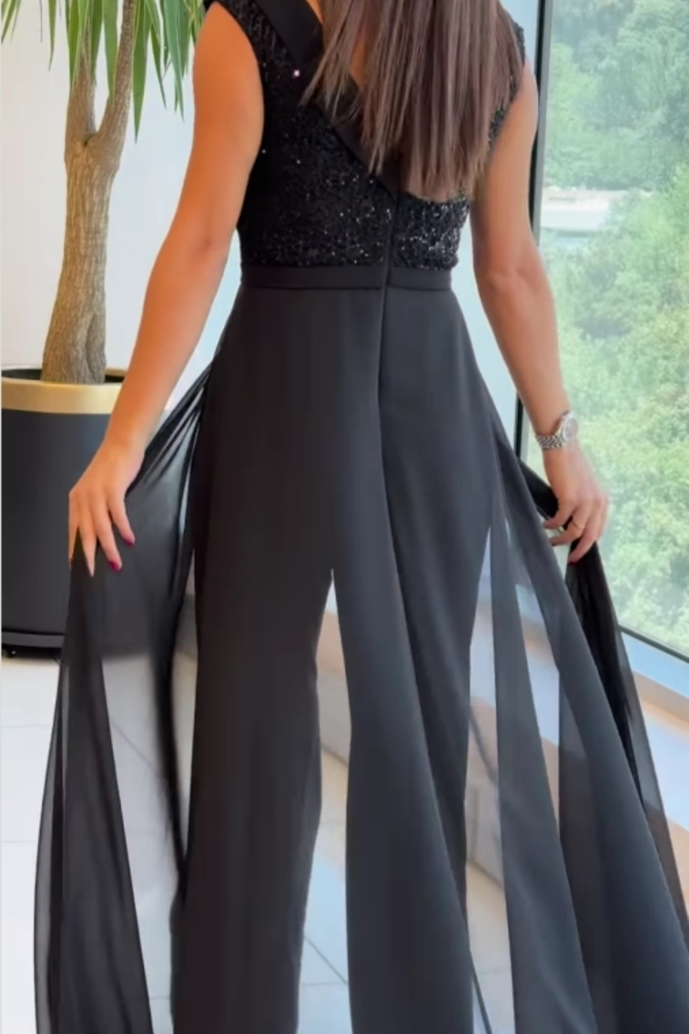 Viviana | Women's Sequin Round Neck Sleeveless Jumpsuit - Black - Image 2
