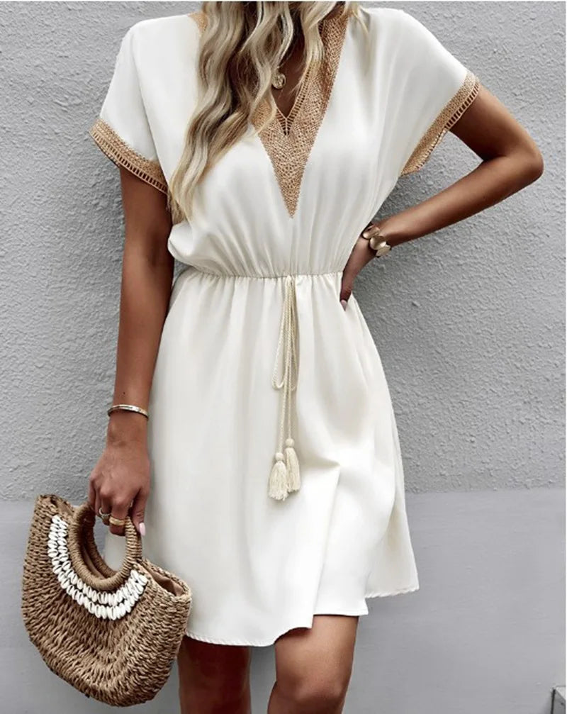 Vivienne | Women's V Neck Short Sleeve Mini Dress - Image 1
