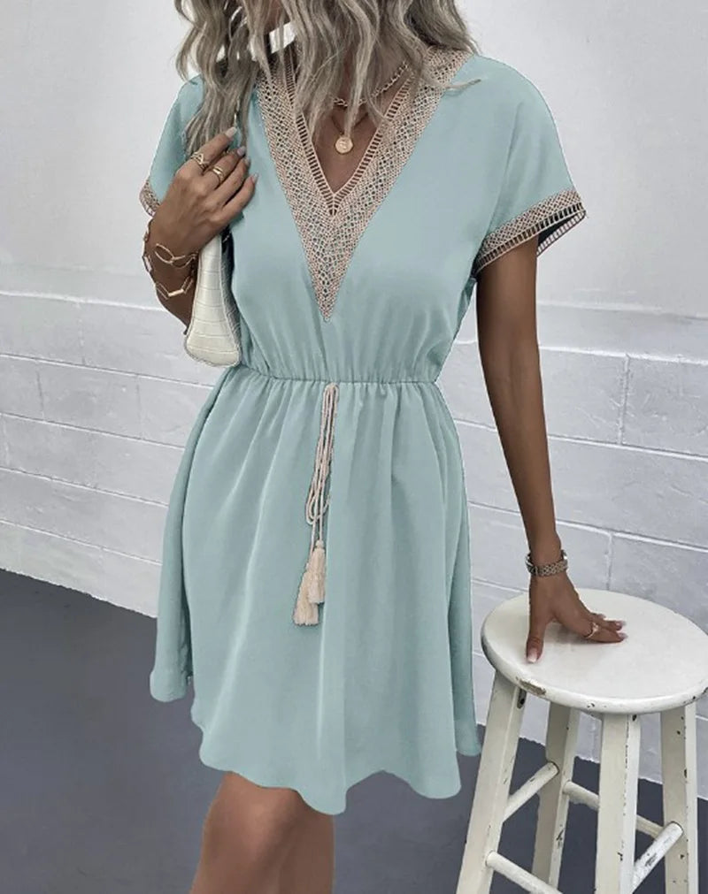 Vivienne | Women's V Neck Short Sleeve Mini Dress - Image 2