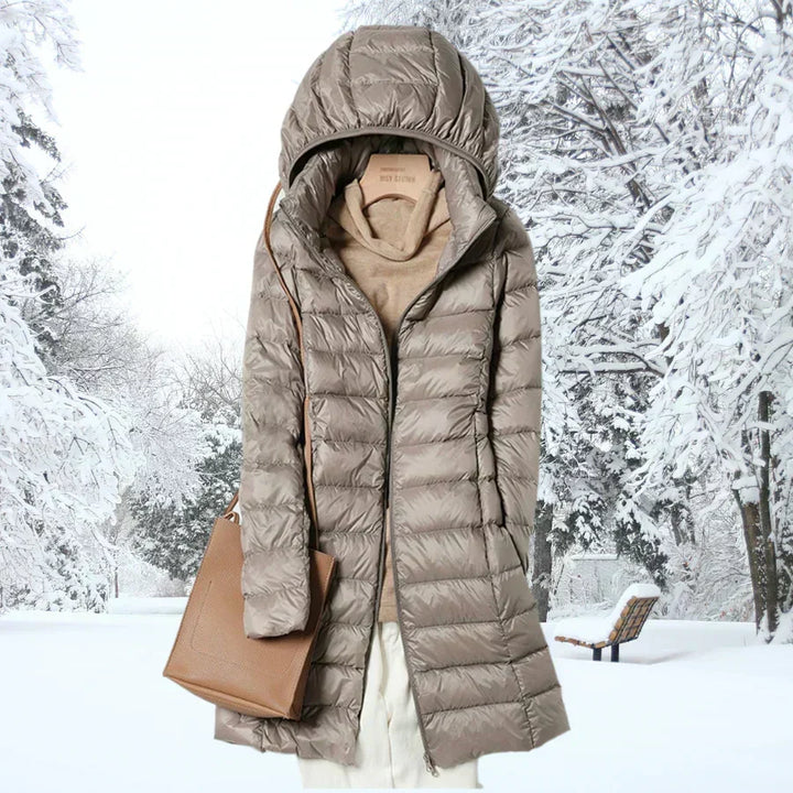 Vélandre | Femme Doudoune Longue à Capuche Hiver - Taupe - Image 1