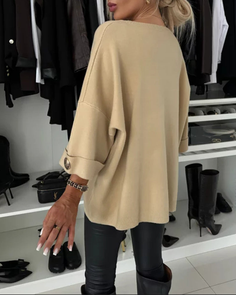 Vélorine | Pull oversize femme col rond boutons poignets - White - Image 13