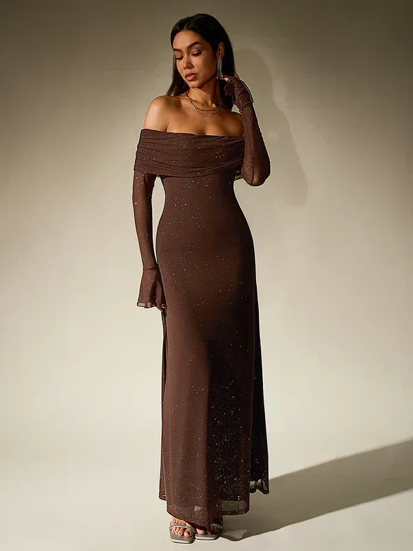 Volvaine | Femme Robe Maxi Épaules Nues Paillettes - Dark Brown - Image 1