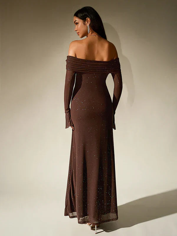 Volvaine | Femme Robe Maxi Épaules Nues Paillettes - Dark Brown - Image 2