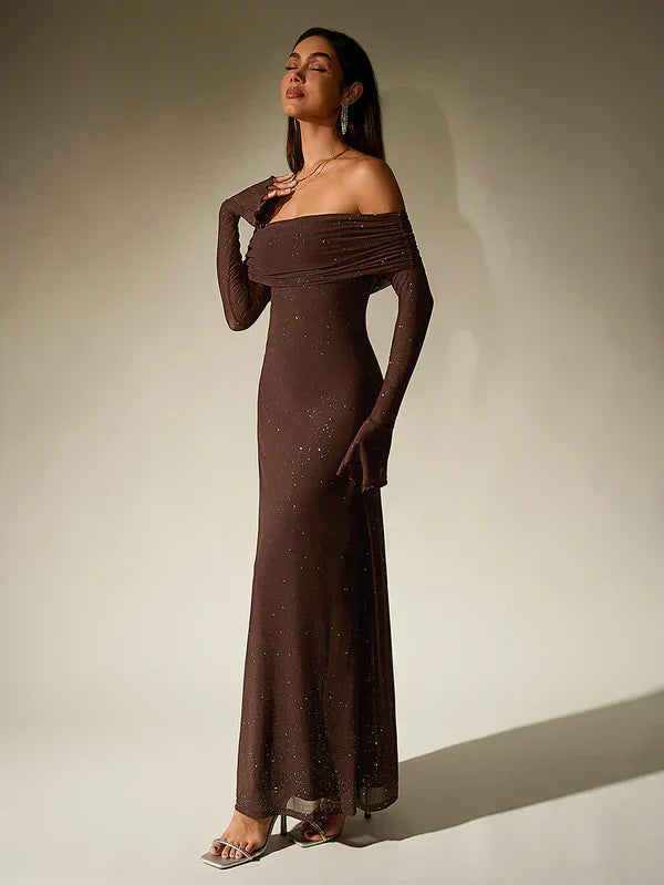 Volvaine | Femme Robe Maxi Épaules Nues Paillettes - Dark Brown - Image 3