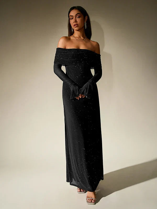 Volvaine | Femme Robe Maxi Épaules Nues Paillettes - Dark Brown - Image 4