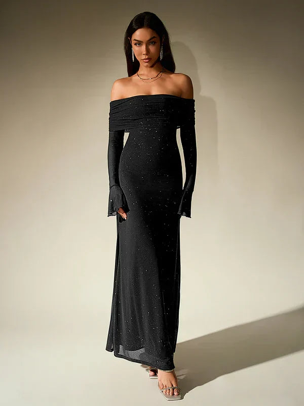 Volvaine | Femme Robe Maxi Épaules Nues Paillettes - Dark Brown - Image 5