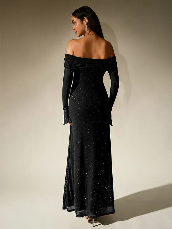 Volvaine | Femme Robe Maxi Épaules Nues Paillettes - Dark Brown - Image 6