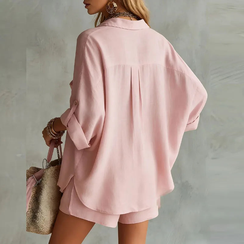 Willa | Women's Collared Shirt Two Piece Short Set - Pink - Image 2