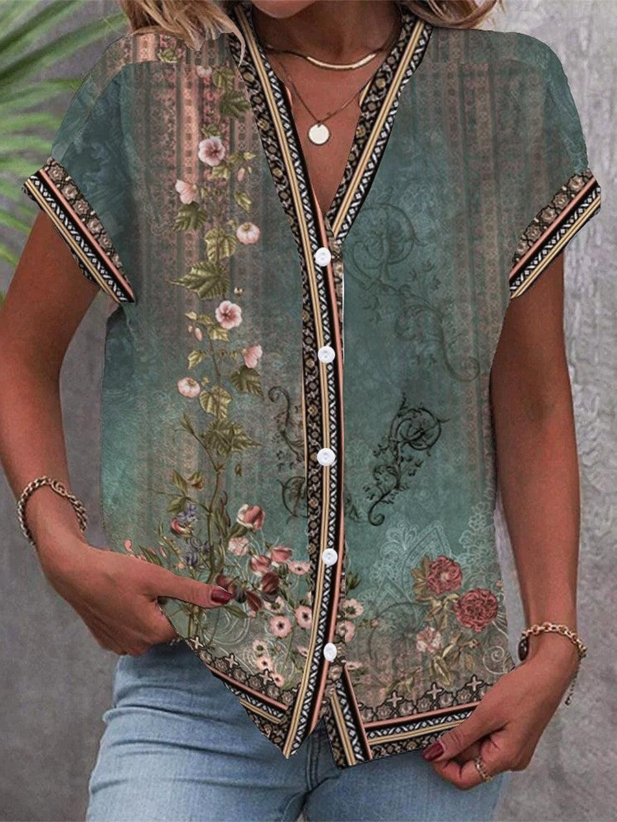 Willa | Women's Floral V-Neck Button-Down Blouse - Floral - Image 1