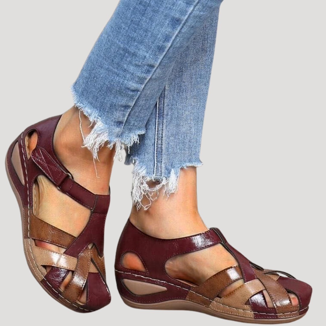 Wren | Women's Closed Toe Woven Strap Wedge Sandal - Burgundy - Image 1