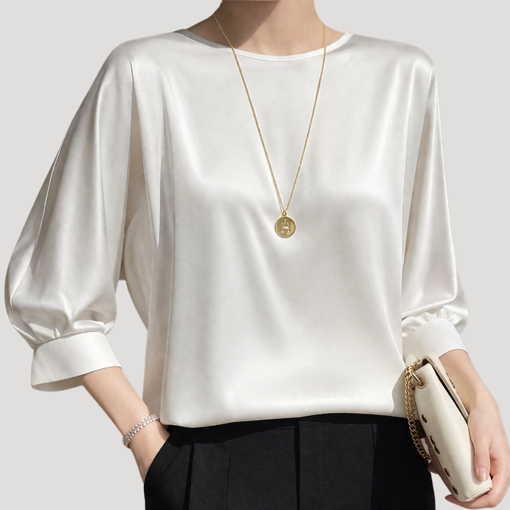 Wren | Women's Round Neck 3/4 Sleeve Relaxed Blouse - White - Image 2
