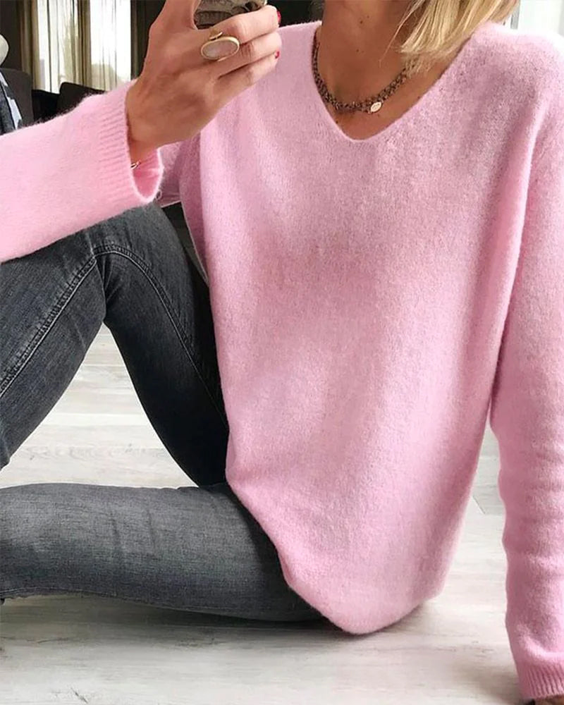 Wren | Women's V-Neck Long Sleeve Pullover Sweater - Pink - Image 1