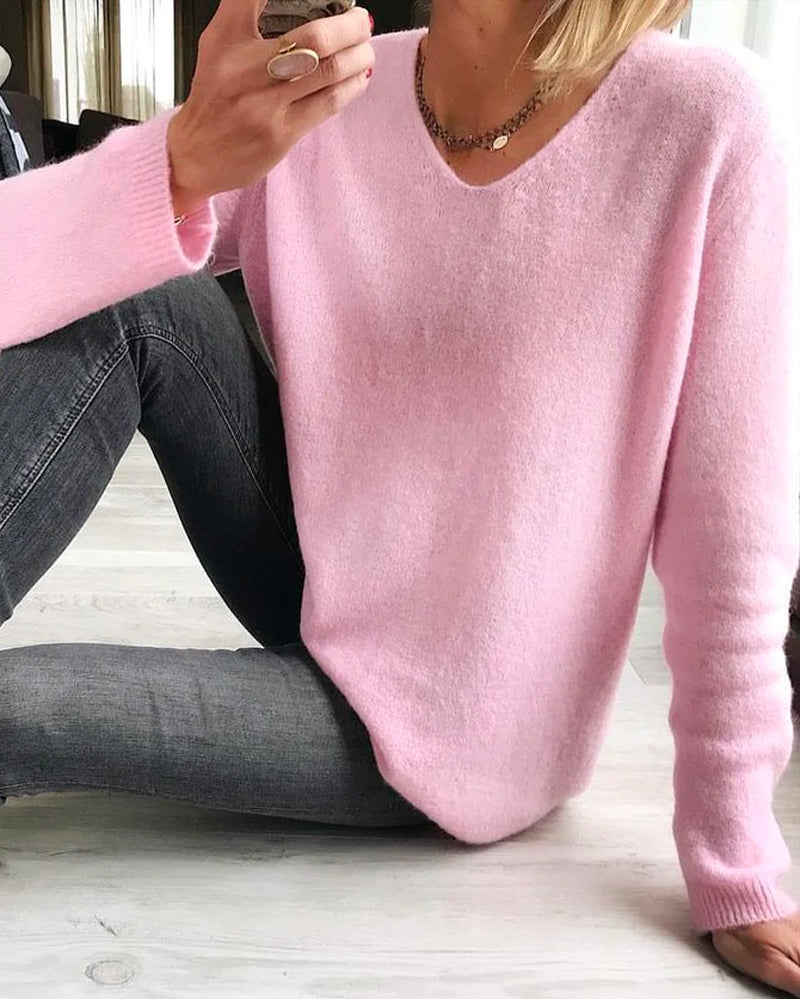 Wren | Women's V-Neck Long Sleeve Pullover Sweater - Pink - Image 2