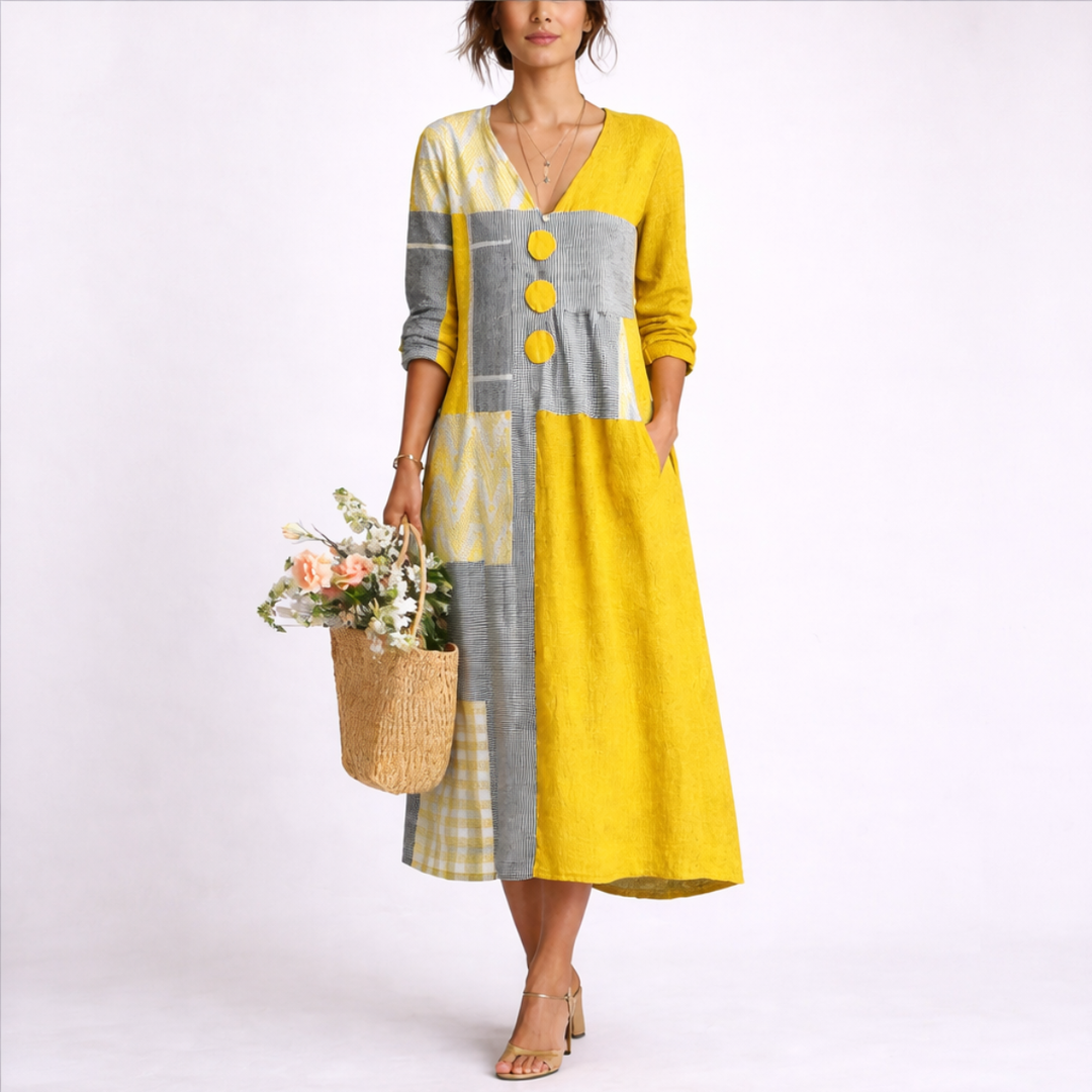 Wren | Women's V-Neck Patchwork Long Sleeve Midi Dress - Yellow - Image 1