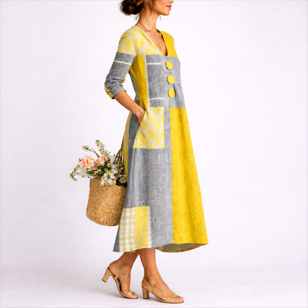 Wren | Women's V-Neck Patchwork Long Sleeve Midi Dress - Yellow - Image 2
