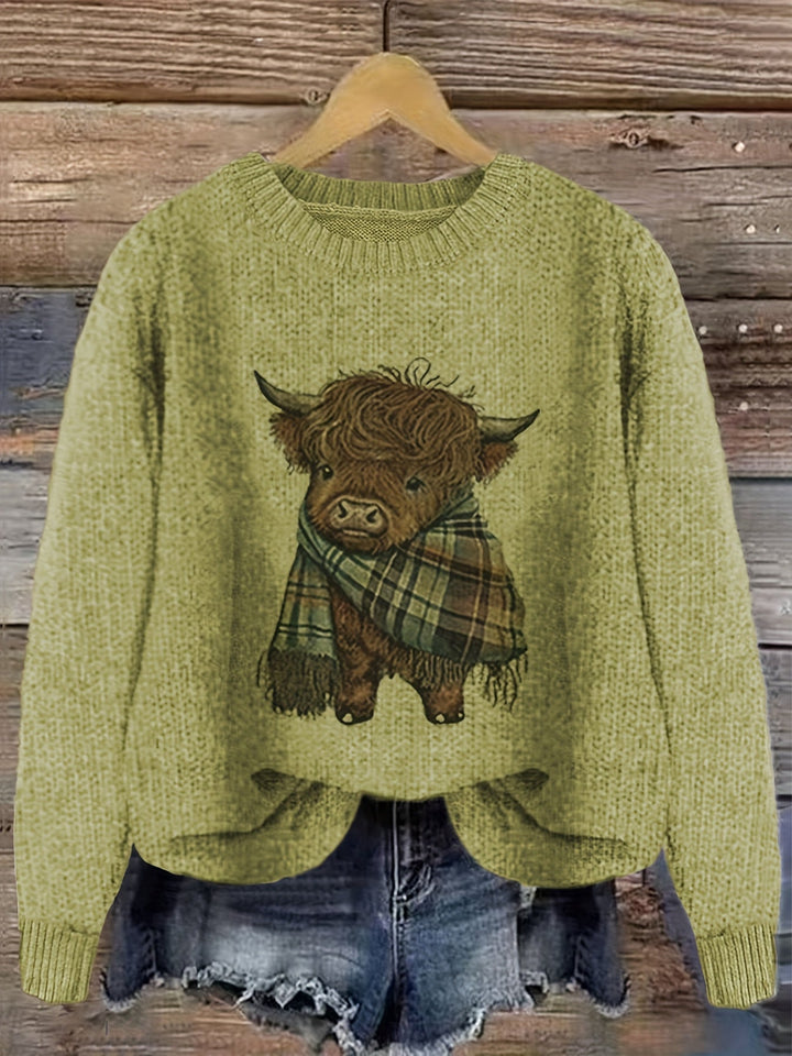 Marvoline | Femme Pull Vache Highland Motif Tricot - Light Green - Image 1