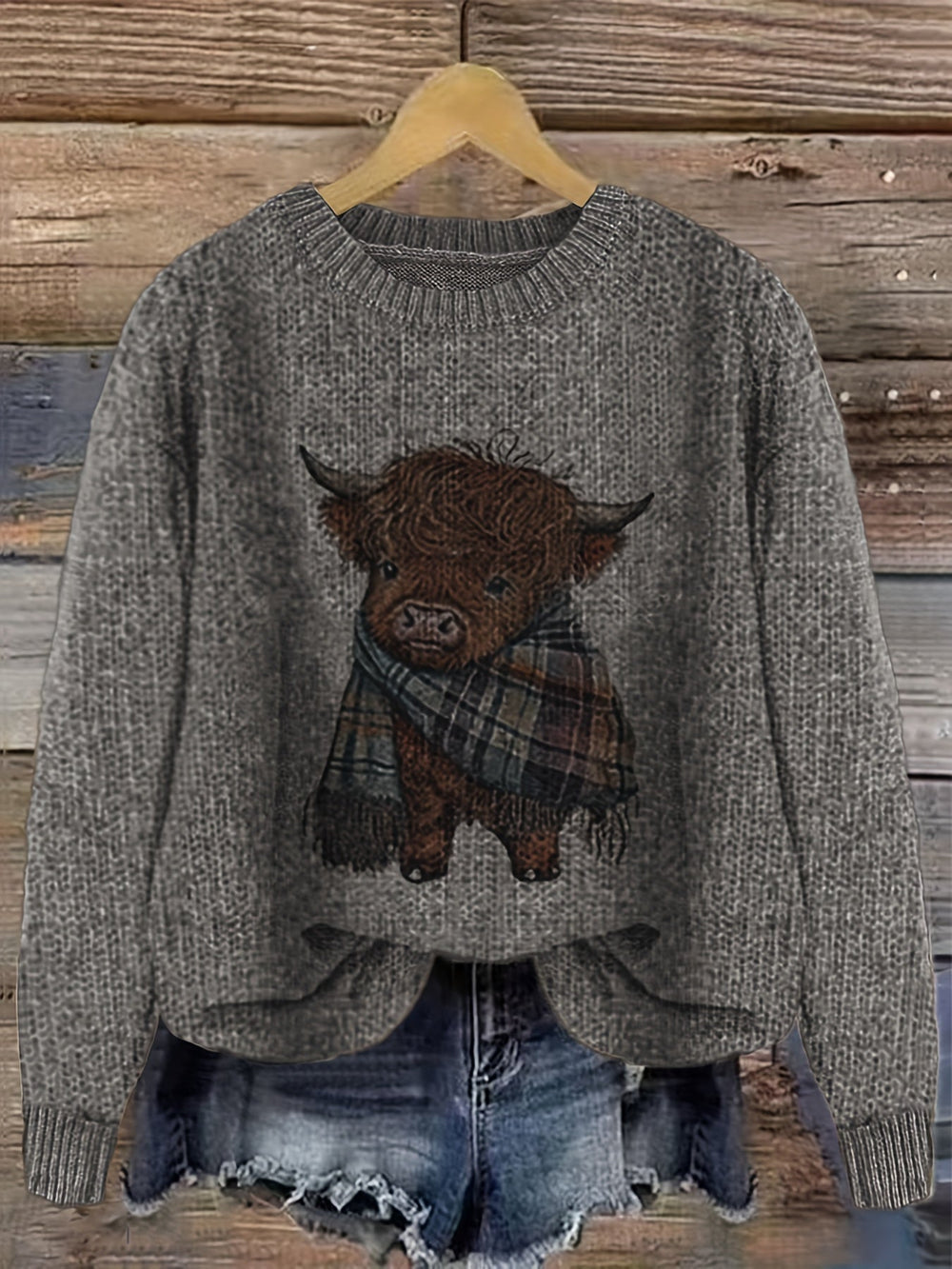 Marvoline | Femme Pull Vache Highland Motif Tricot - Light Green - Image 2