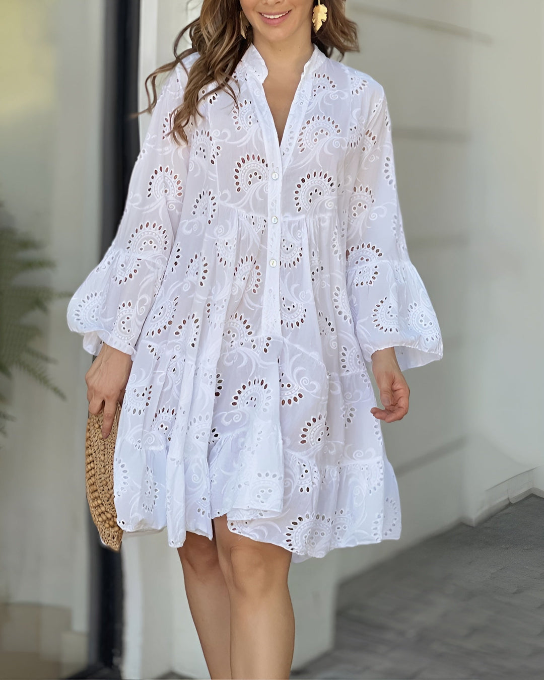 Xanthe | Women's Eyelet Long Sleeve Mini Dress - Image 1