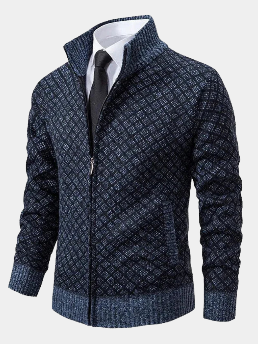 Zander | Men's Full Zip Stand Collar Knit Cardigan - Navy - Image 1