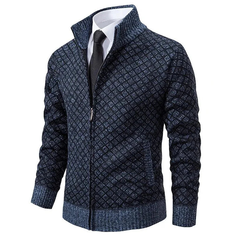 Zander | Men's Full Zip Stand Collar Knit Cardigan - Navy - Image 2
