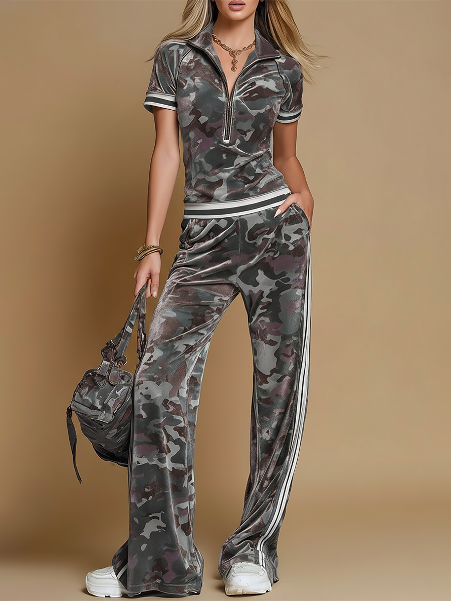 Zara | Women's Camo Print Two-Piece Tracksuit Set - Khaki - Image 2