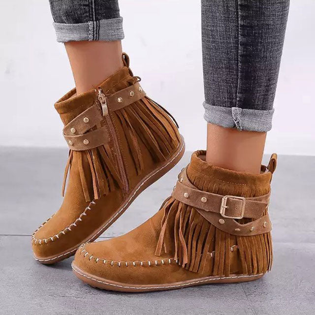 Zarina | Women's Fringe Flat Ankle Boots - Image 1