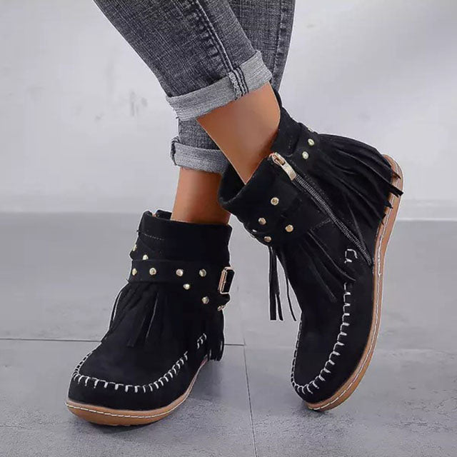 Zarina | Women's Fringe Flat Ankle Boots - Image 2